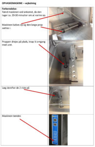 Billeder og vejledningstekst til industriopvaskemaskine